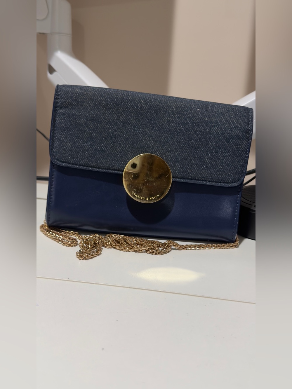 Charles & Keith Denim-Trim Navy Crossbody with Gold Hardware